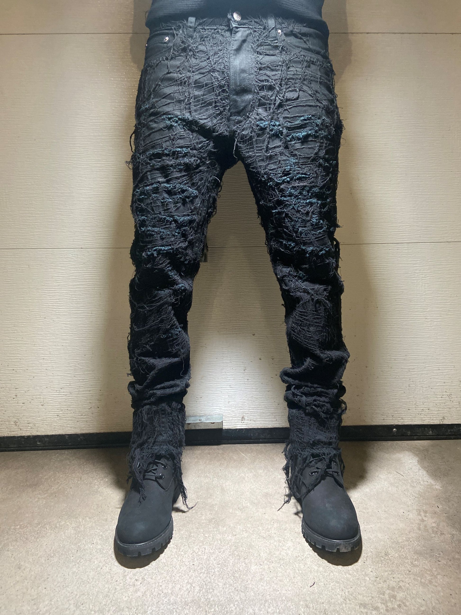 Cobweb pants. Cobweb-patterned pants. Handmade pants. Distressed jeans.