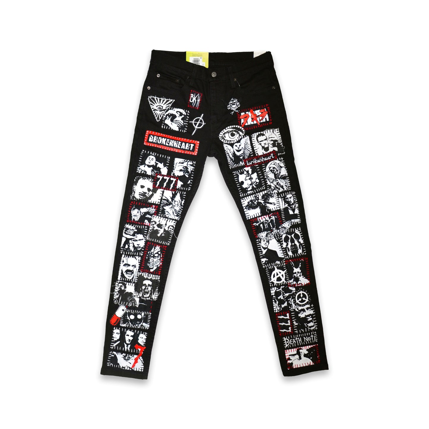 brokenheart clothing patch pants inspired from Punk, Zillakami, Sosmula and MST aesthetics. Handmade high quality patch pants. 45 patches handsewn and handpainted. 50 hour handwork. High quality blank.